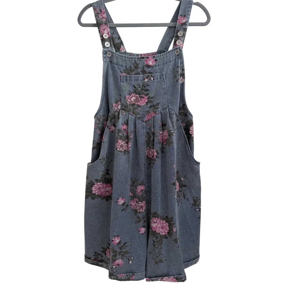 BIB! Floral Denim Shortalls Women XL Blue Pink Rose Print 100% Cotton NWT
